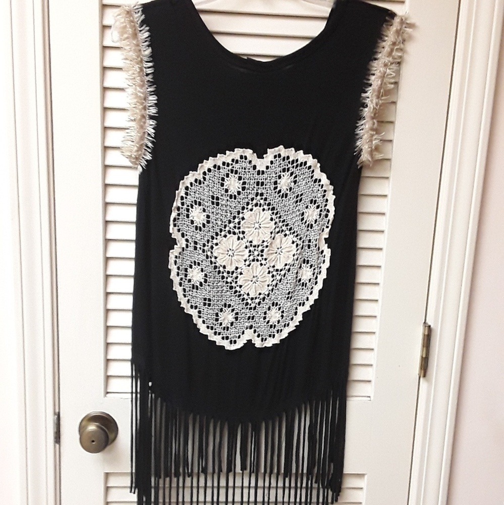 Black Fringe White Floral Embroidered Boho Y2K Western Crop Top